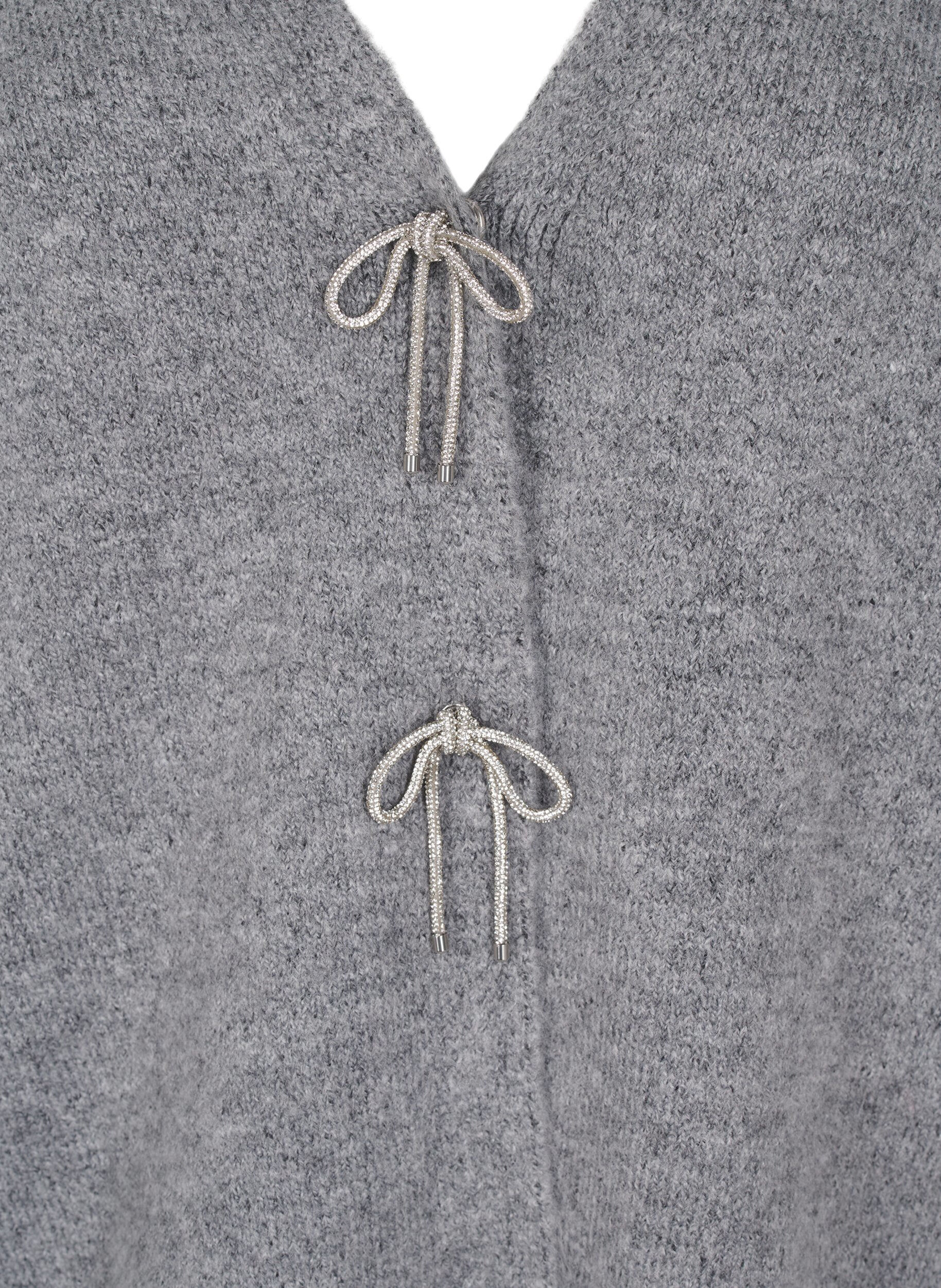Zizzi Cardigan tricot&eacute; avec un n&oelig;ud en argent, Medium Grey Melange, Packshot image number 2