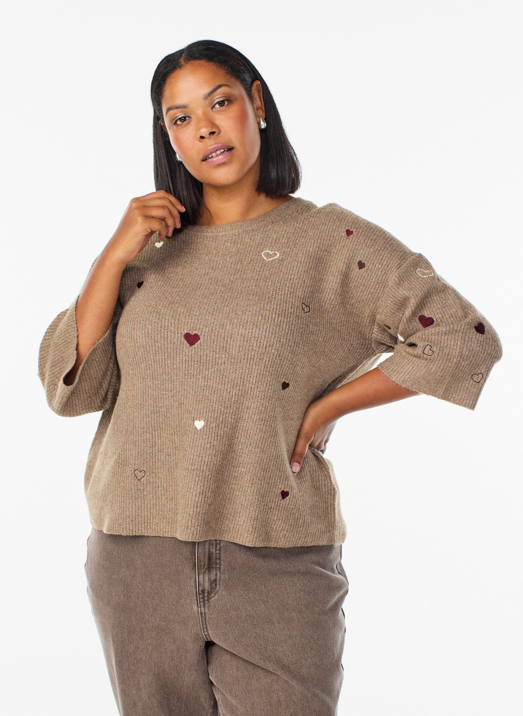 Jumper met hartjes en 3/4 mouwen, Bruin, Model