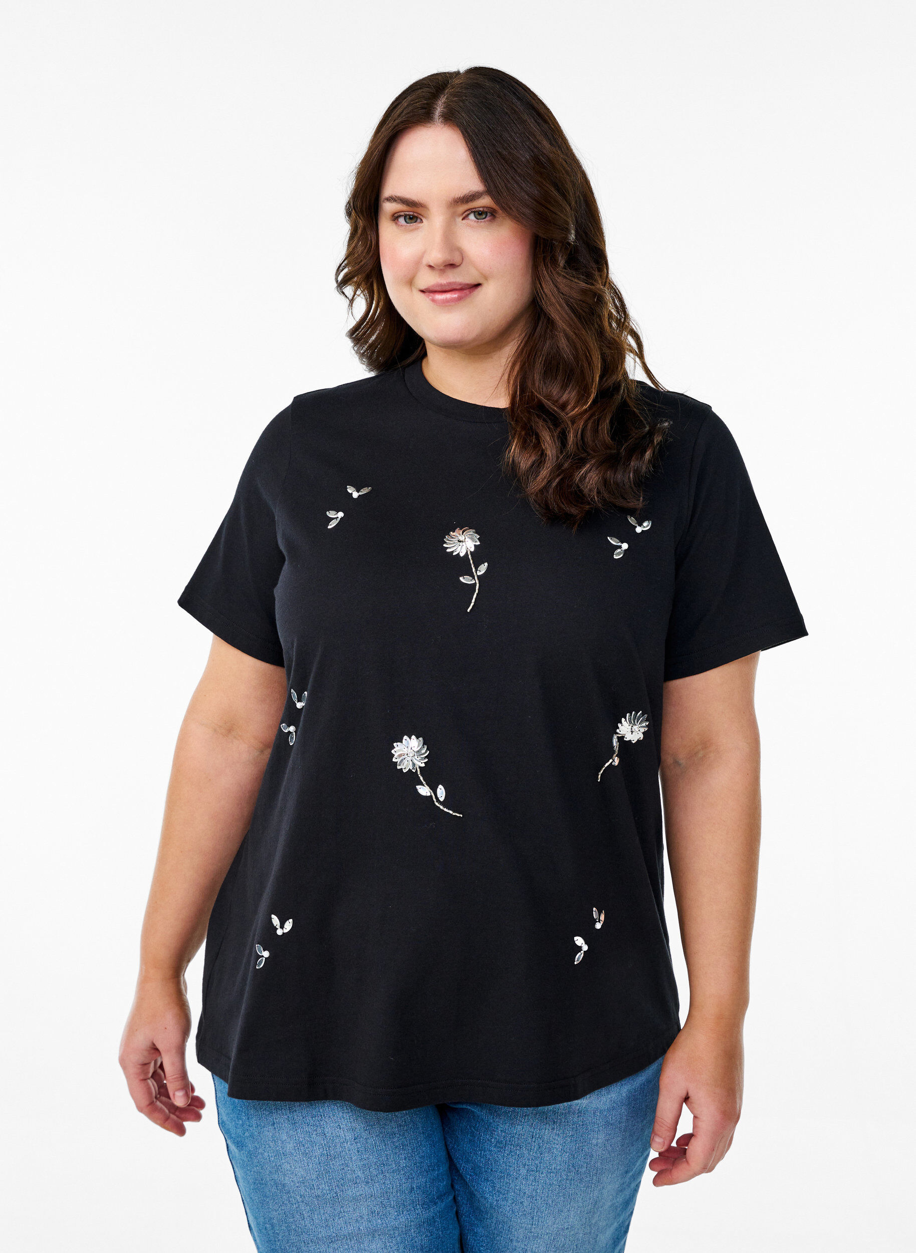 Zizzi T-shirt avec fleurs en sequins, Noir, Model image number 0
