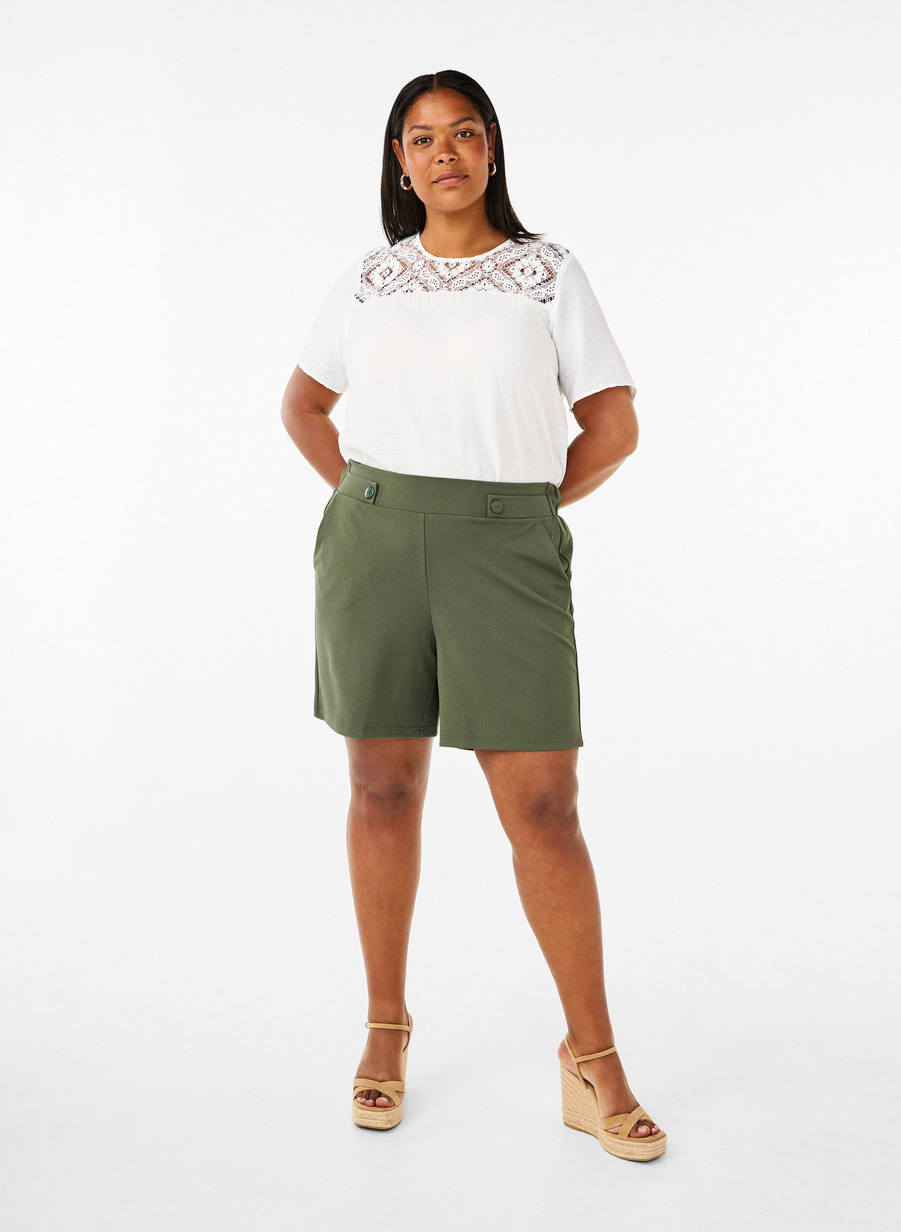 ZizziBlouse van viscose met korte mouwen en kant detail, Bright White, Model image number 3