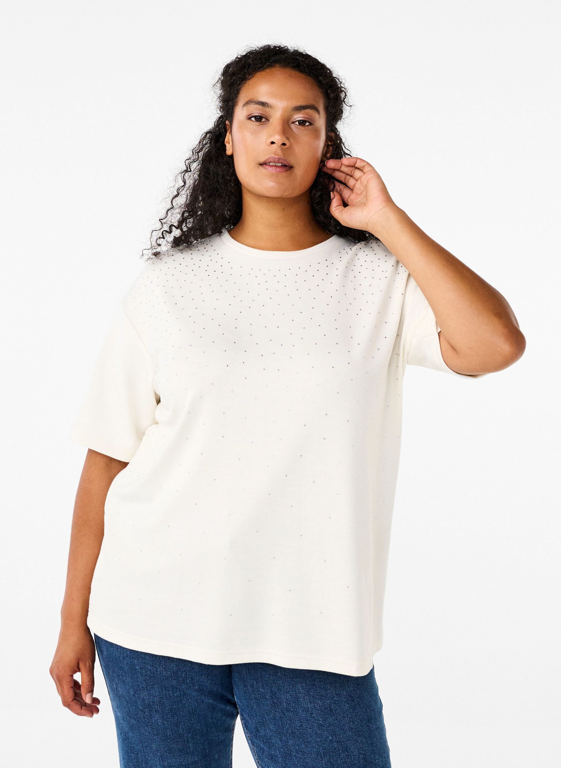 Zizzi T-shirt avec strass et col rond, Blanc, Model image number 0