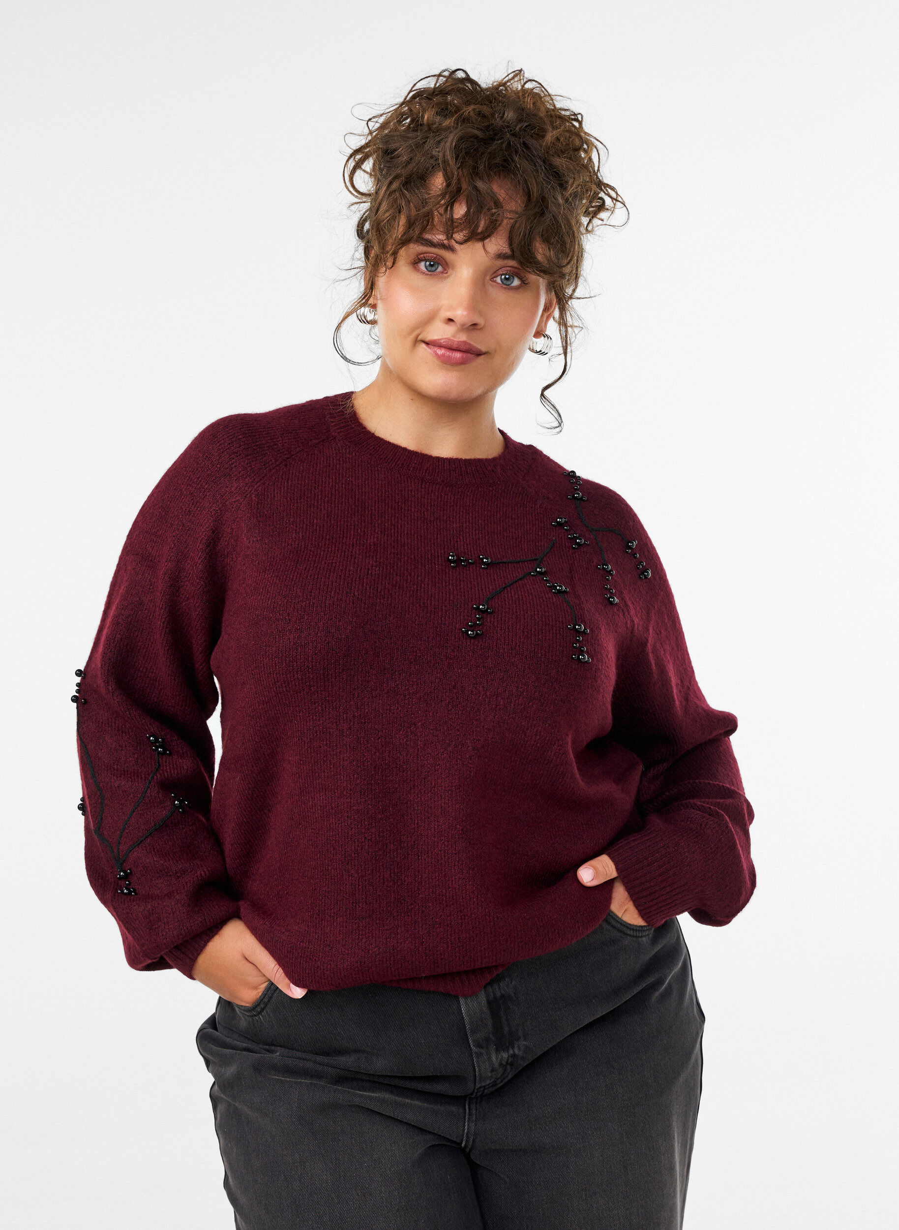 Trui met parelborduursel, Rood, Model