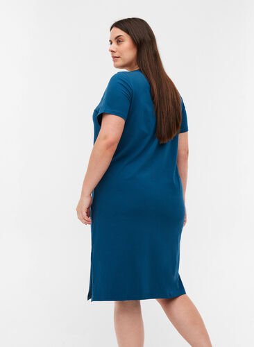 Katoenen jurk met korte mouwen en split, Majolica Blue, Model image number 1