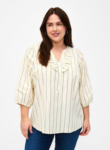 Katoenen blouse met 3/4 mouwen en strepen, Eggnog Stripe, Model image number 0