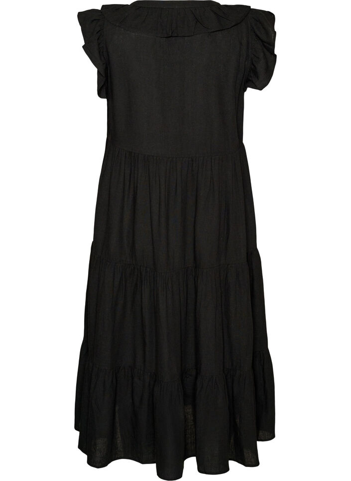 Mouwloze midi jurk in linnen en viscose met ruches, Zwart, Packshot image number 1