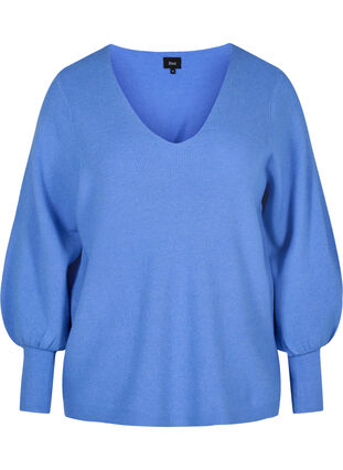 Pull en tricot à col en V et manches ballon, Ultramarine Mel, Packshot image number 0