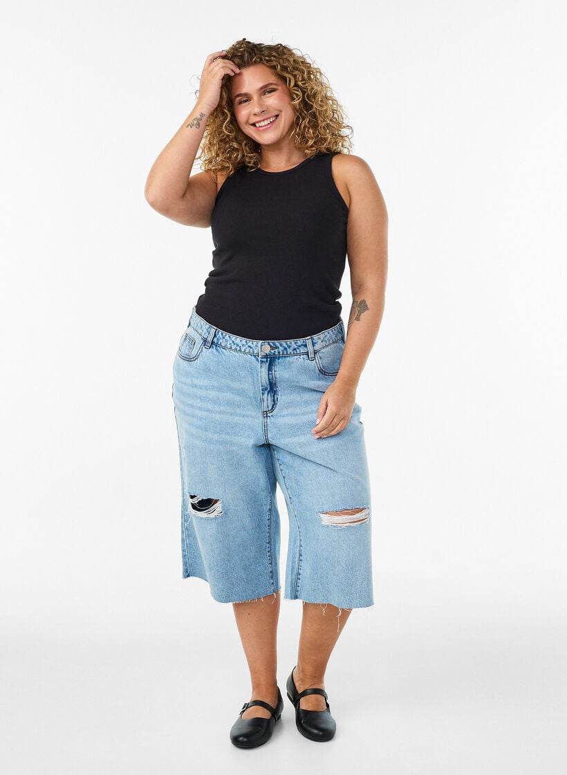 Katoenen ribtop met hoge hals, Zwart, Model image number 1
