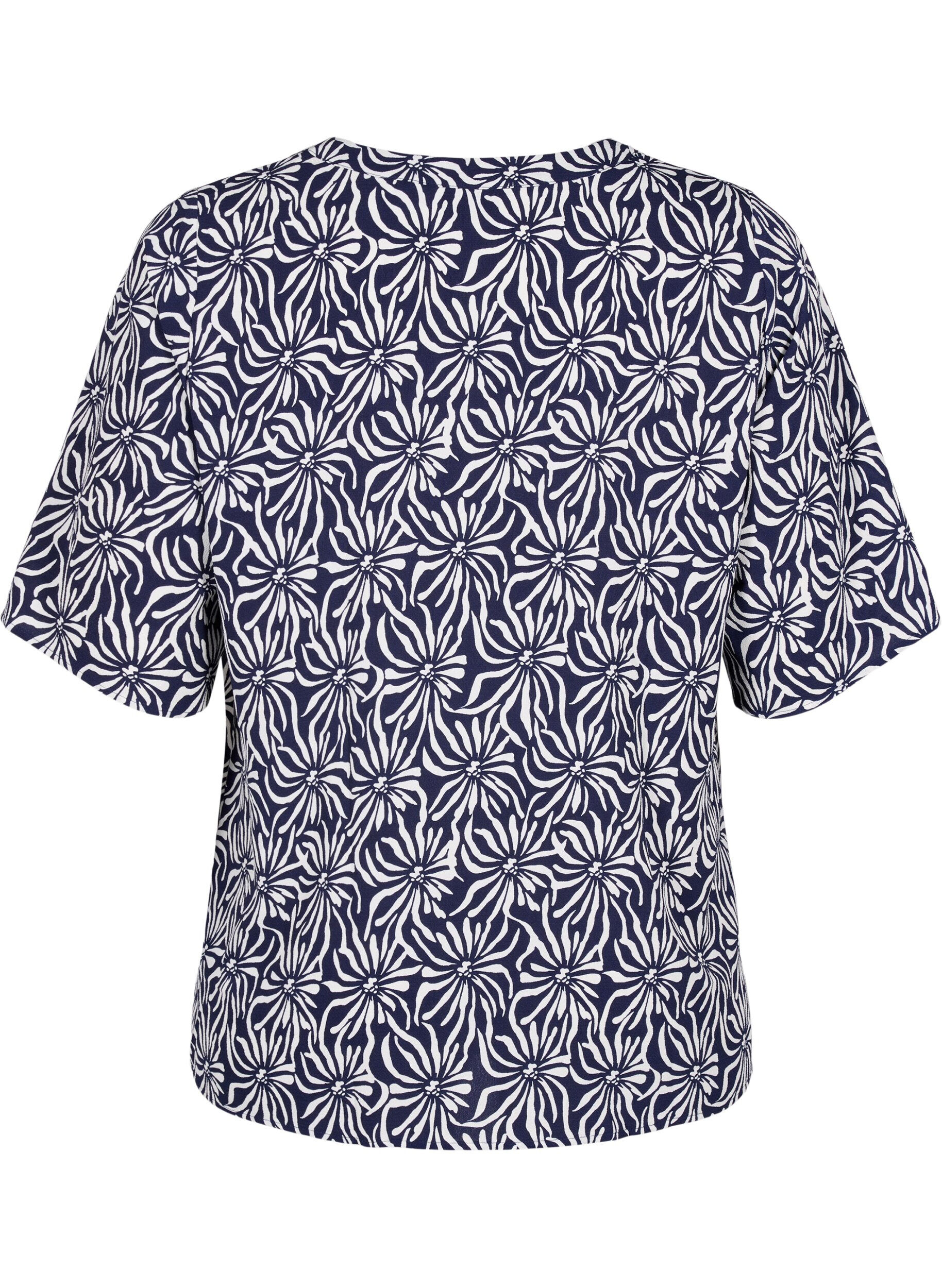 Zizzi Blouse met V-hals en bloemenprint, White Blue Flower, Packshot image number 1