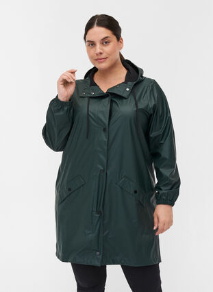 Veste de pluie avec capuche et fermeture boutonnée, Darkest Spruce, Model image number 0