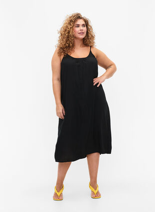 Mouwloos midi jurk in viscose, Black, Model image number 0
