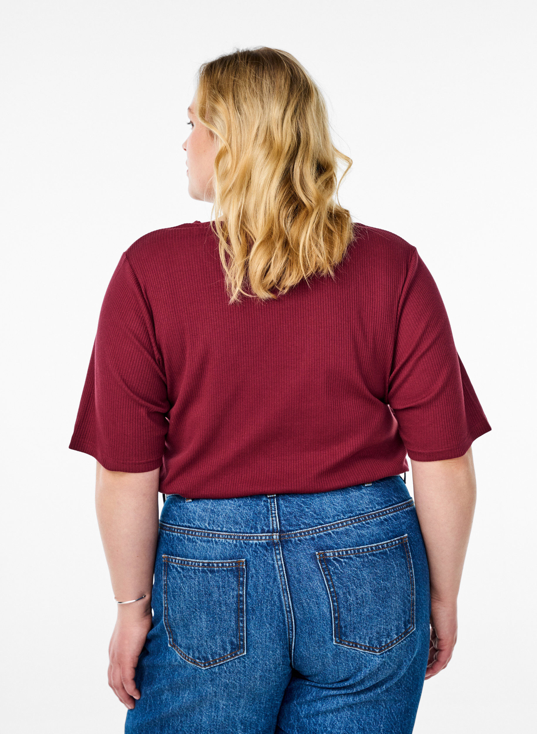 ZizziGeribde jersey blouse met korte mouwen, Donker Bordeaux, Model image number 2