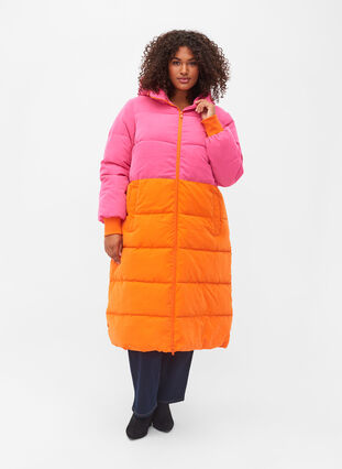 Manteau d'hiver long avec bloc de couleurs, Pink W/Orange, Model image number 0