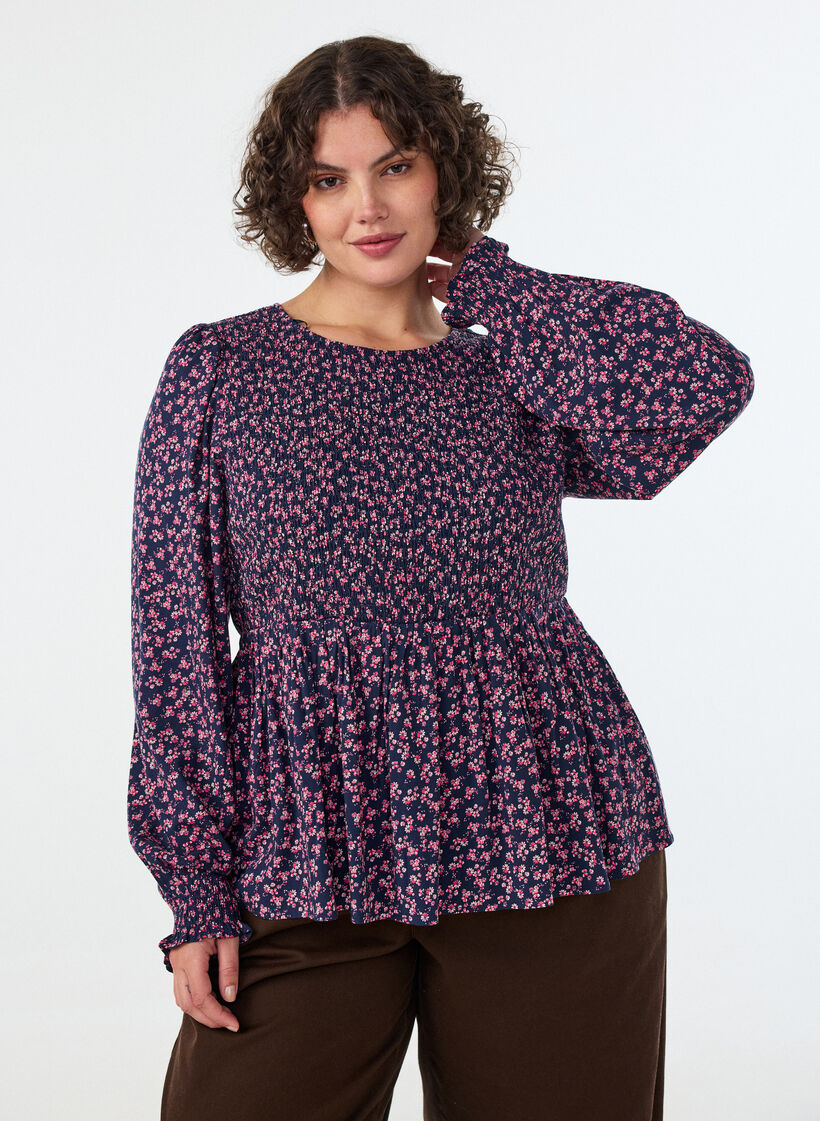 Blouse met gesmokte top en bloemenprint, Blauw, Model image number 2