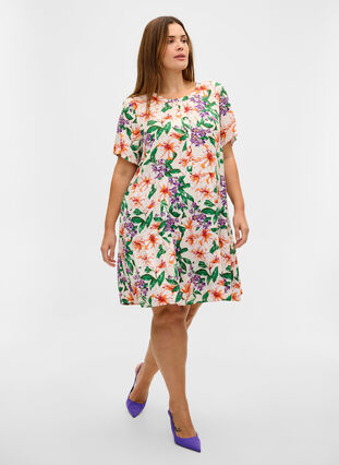 Viscose jurk met korte mouwen en a-lijn, Tropic AOP, Model image number 2