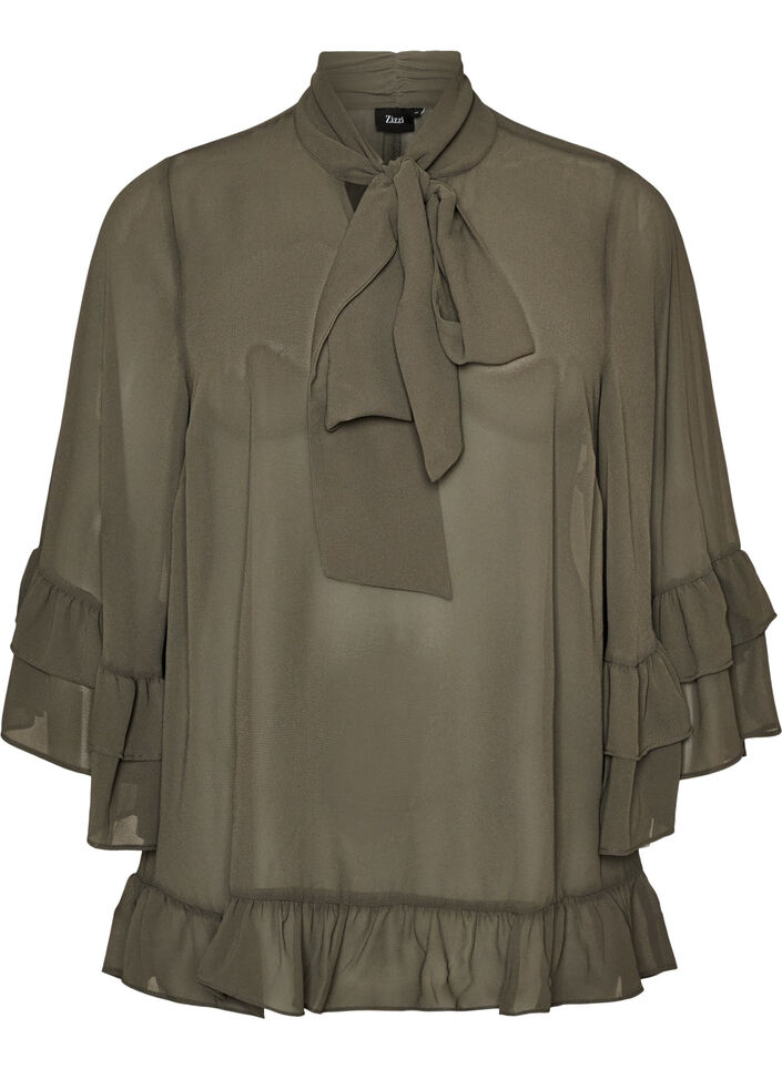 Blouse avec ruban &agrave; nouer et volants, Gris anthracite, Packshot image number 0