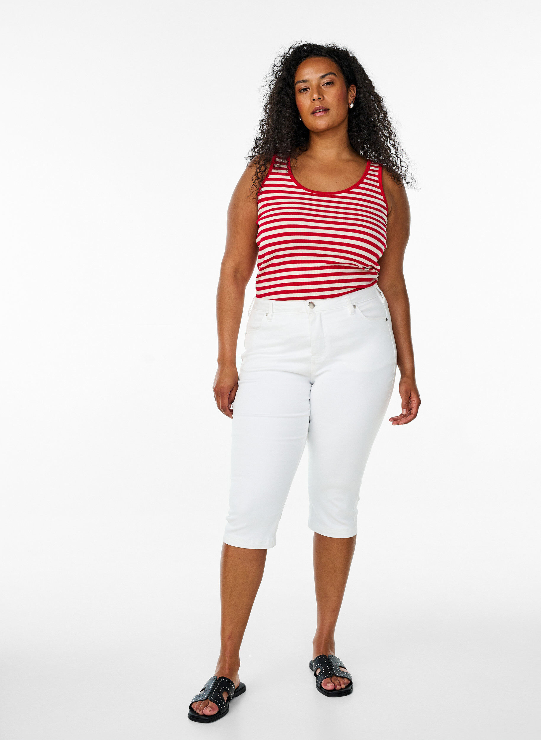 ZizziGestreepte tanktop met een ribstructuur, Rood, Model image number 1