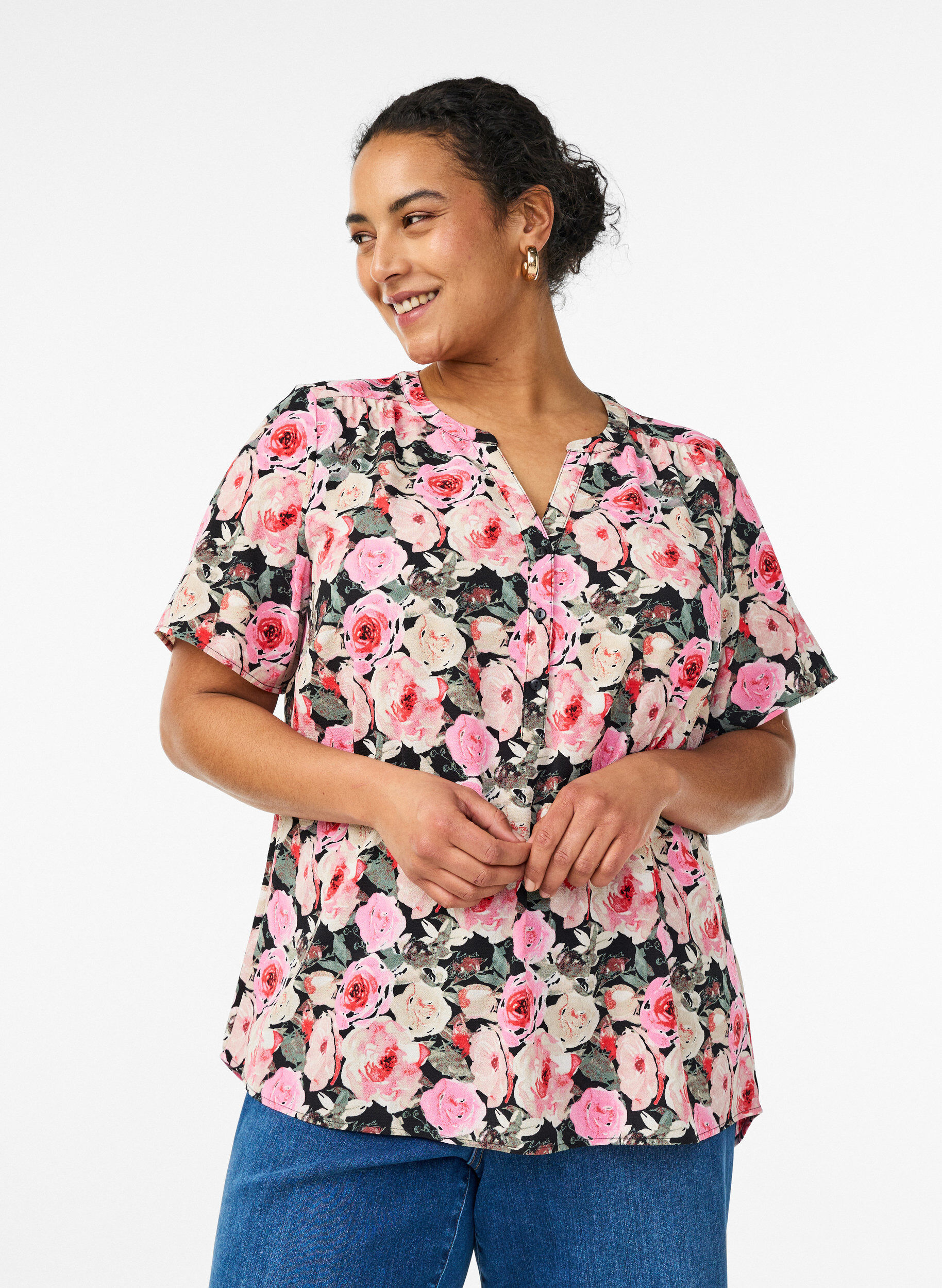 ZizziBlouse met korte mouwen en v-halslijn, Roze, Model image number 0