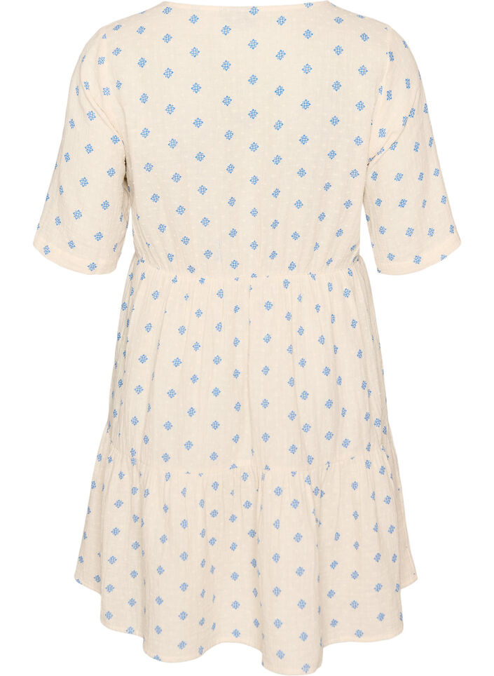 Gebloemde katoenen jurk met een elastische taille, Beige, Packshot image number 1