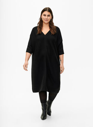 Geribde jurk met 3/4 mouwen, Black, Model image number 2