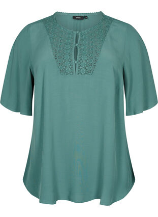 Viscose blouse met 1/2 mouwen en borduurwerk detail, Sea Pine, Packshot image number 0