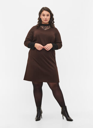 Effen jurk met v-hals en 3/4 mouwen, Coffee Bean, Model image number 2