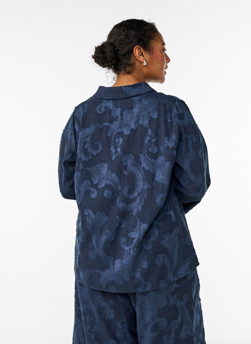 Blouse met V-hals en geweven textuurpatroon, Blauw, Model image number 2