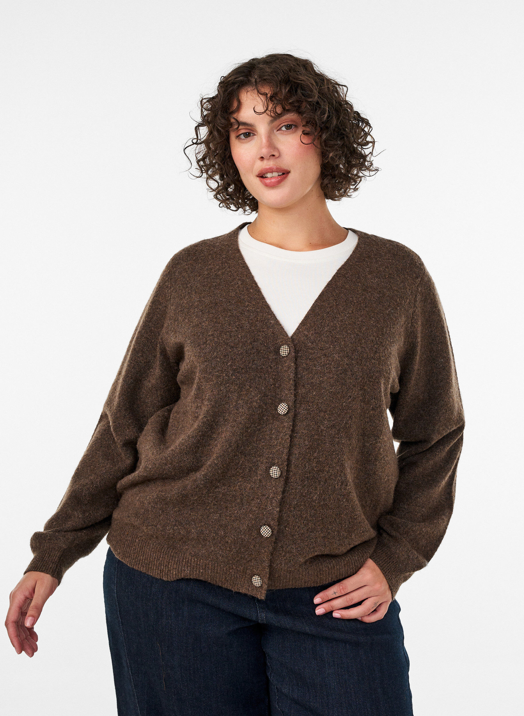Cardigan avec boutons d&eacute;coratifs et col en V, Marron, Model