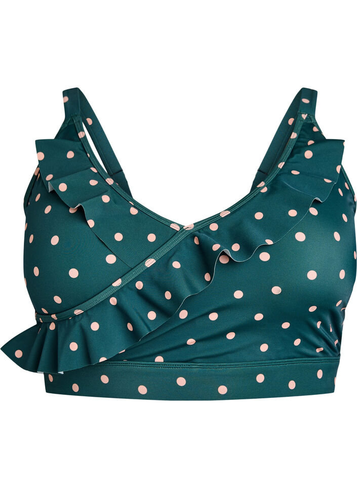 Bikinitop met stippen en ruches, Groen, Packshot image number 0