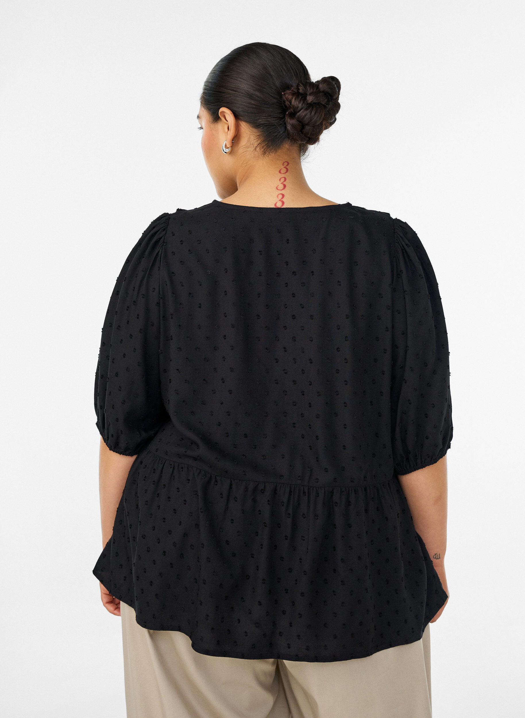 ZizziViscose blouse met een stippenstructuur en V-hals, Zwart, Model image number 2