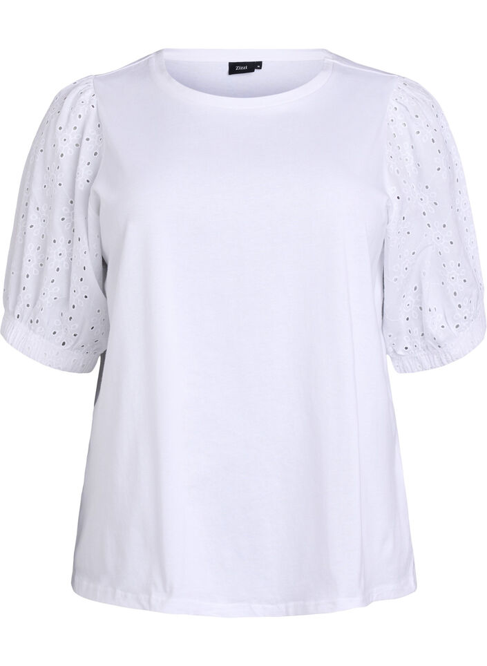 T-shirt avec des manches en broderie anglaise, Blanc, Packshot image number 0