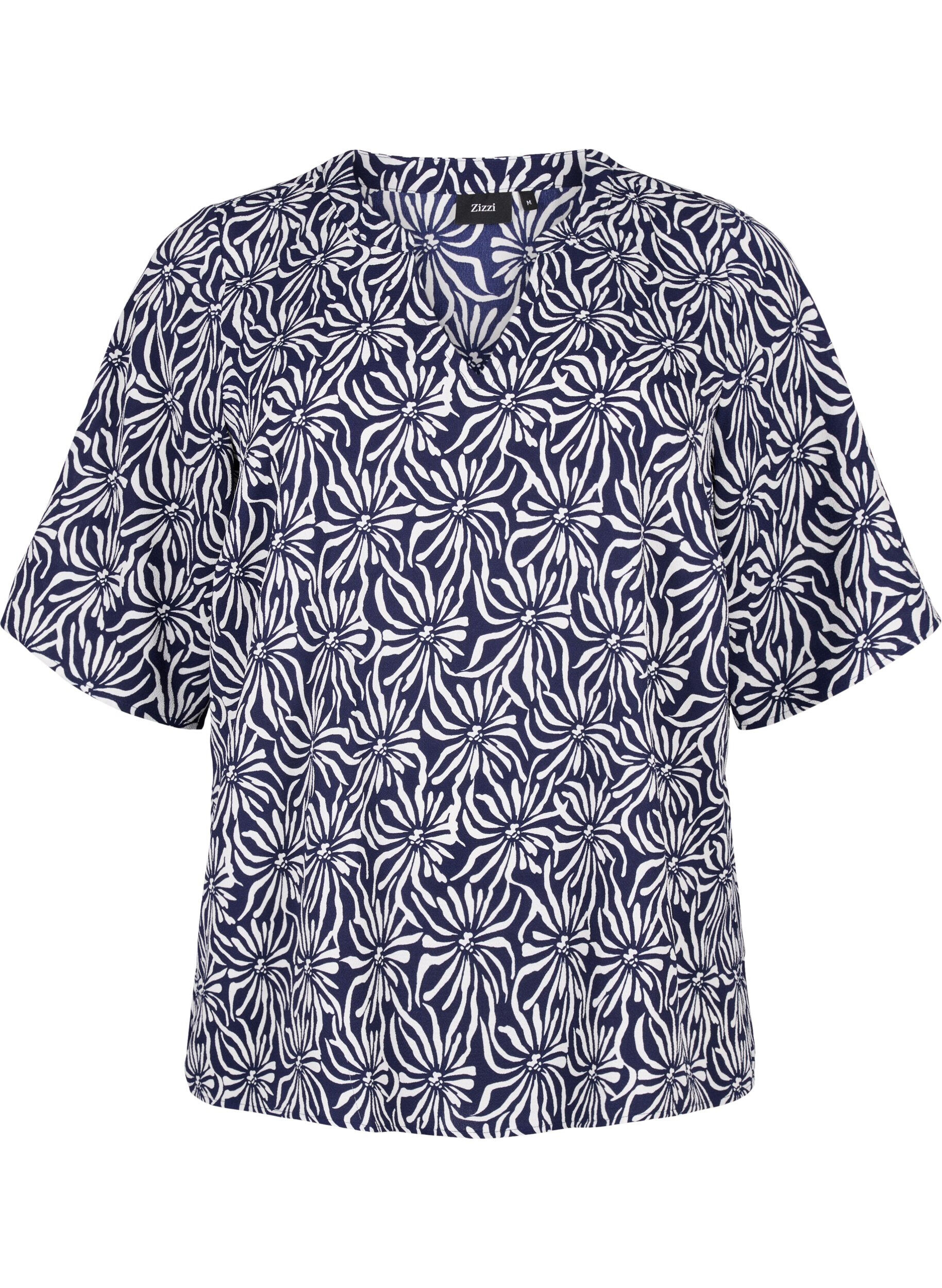 Zizzi Blouse met V-hals en bloemenprint, White Blue Flower, Packshot image number 0