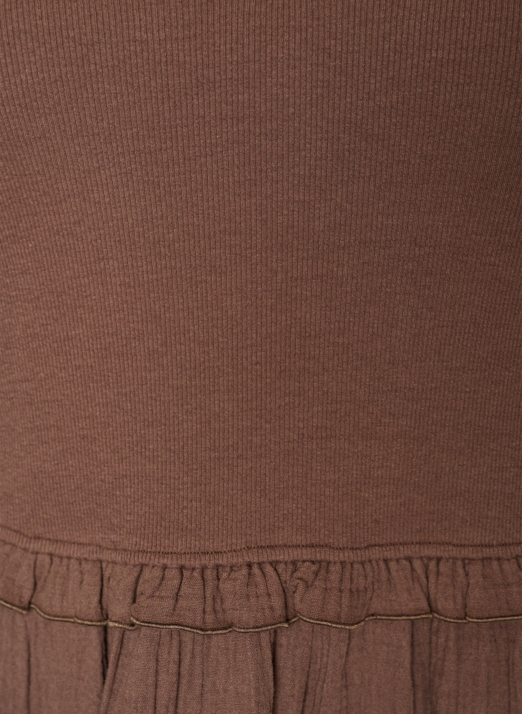 ZizziMouwloze katoenen midi-jurk met rib en mousseline, Bruin, Packshot image number 2