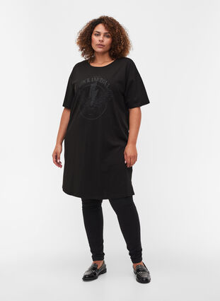 Katoenen T-shirt jurk met print details, Black w. Black, Model image number 2