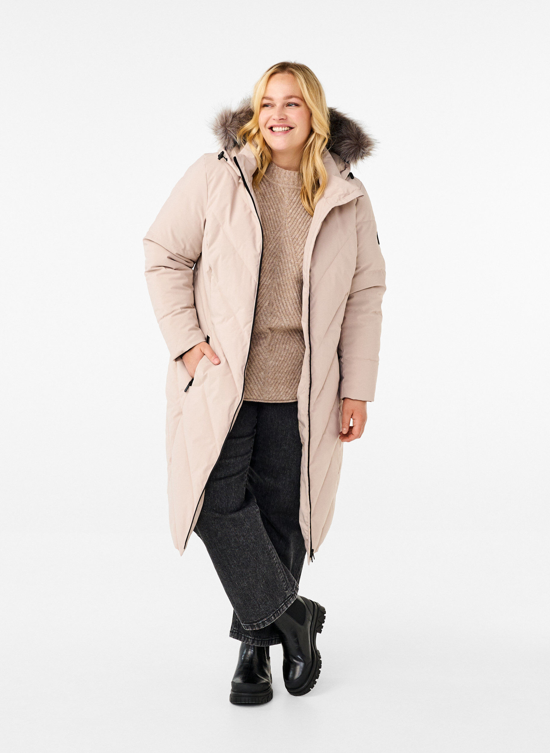 ZizziLong manteau d'hiver &agrave; fermeture &agrave; attaches et col en fausse fourrure, Beige, Model image number 1