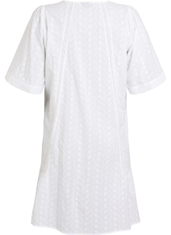 Robe mi-longue en coton avec broderie et col en V, Blanc, Packshot image number 1