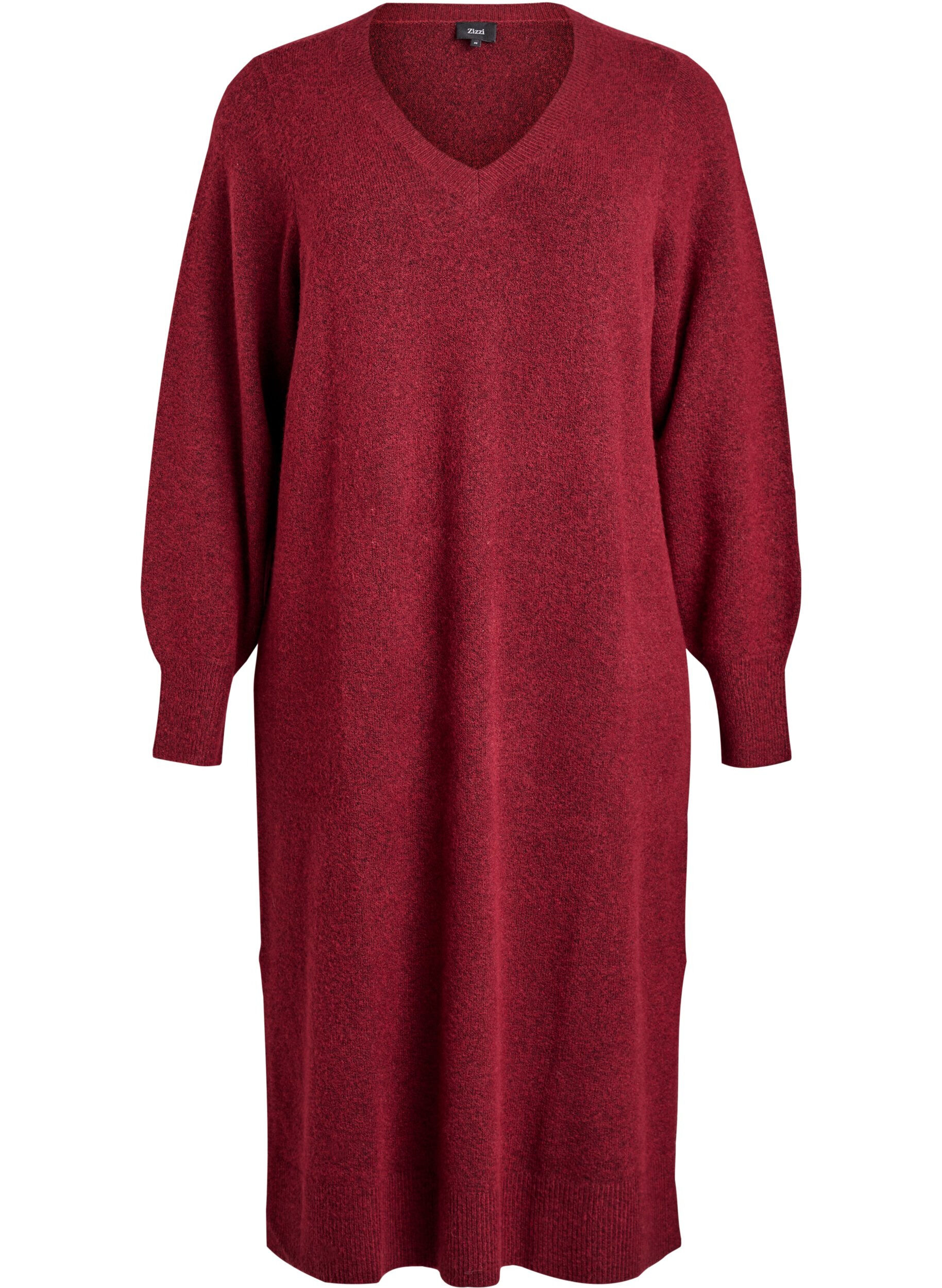 ZizziGebreide jurk met lange mouwen en V-hals, Rood, Packshot image number 0