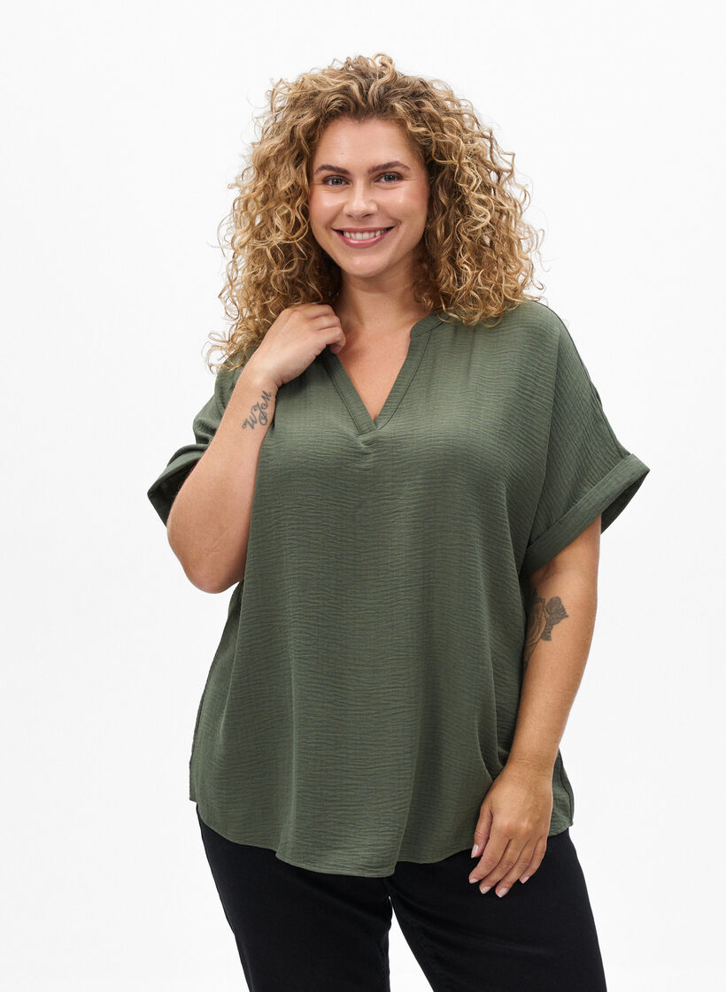 Luchtige blouse met korte mouwen, Groen, Model image number 0