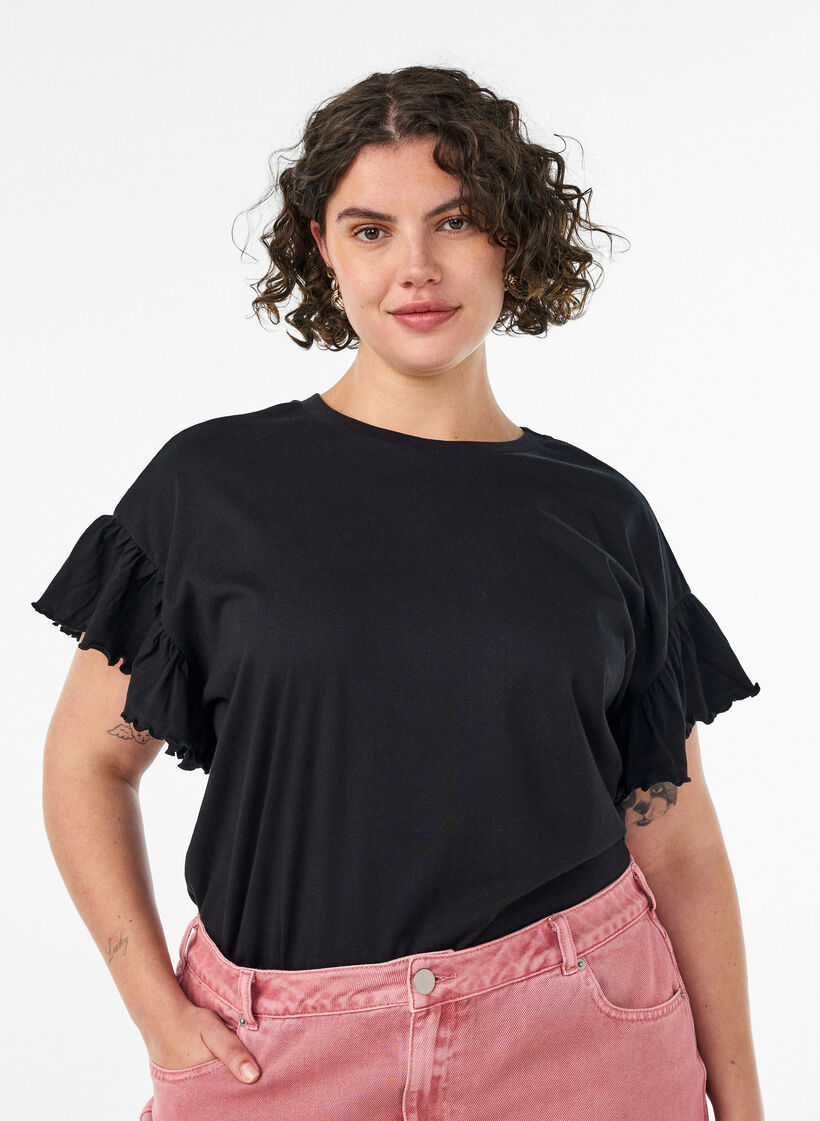 T-shirt van biologisch katoen met ruches mouwen, Zwart, Model image number 0