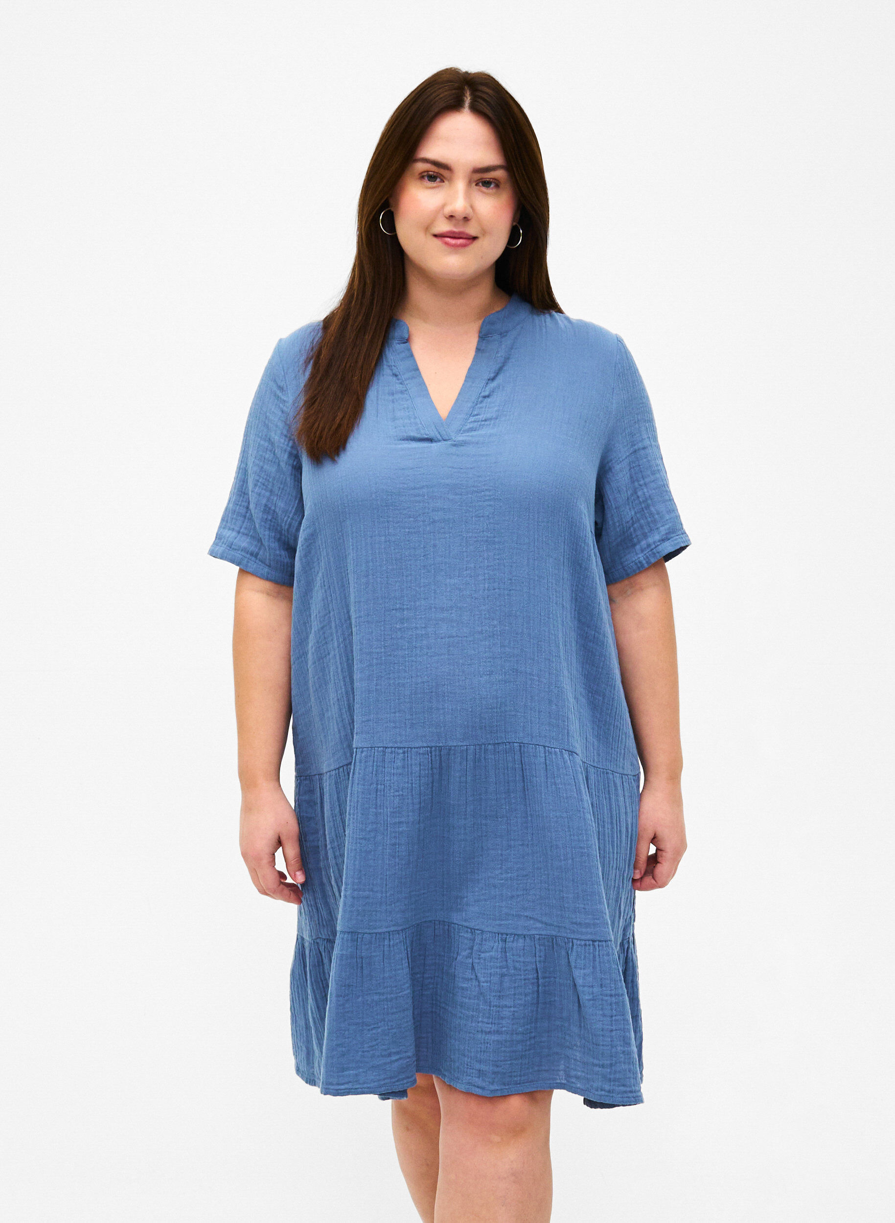 Zizzi Robe &agrave; manches courtes en coton 100 %, Moonlight Blue, Model image number 0