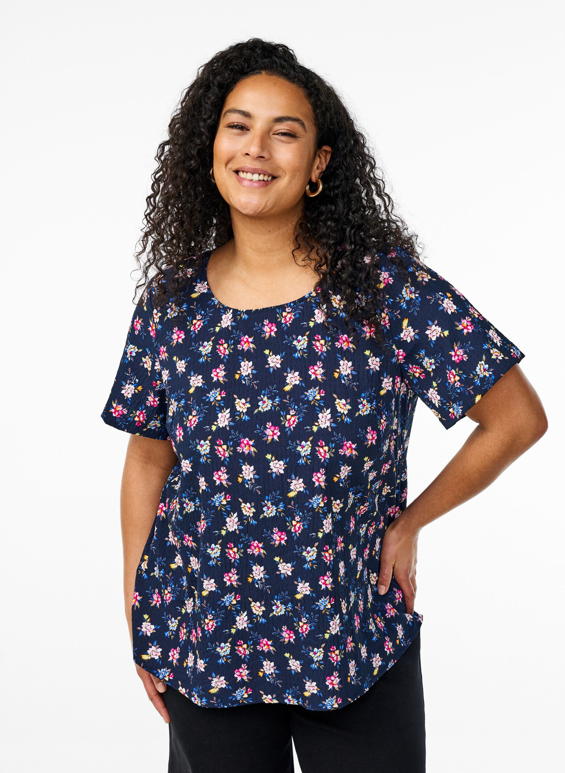 ZizziBlouse met korte mouwen en textuur, Blauw, Model image number 0