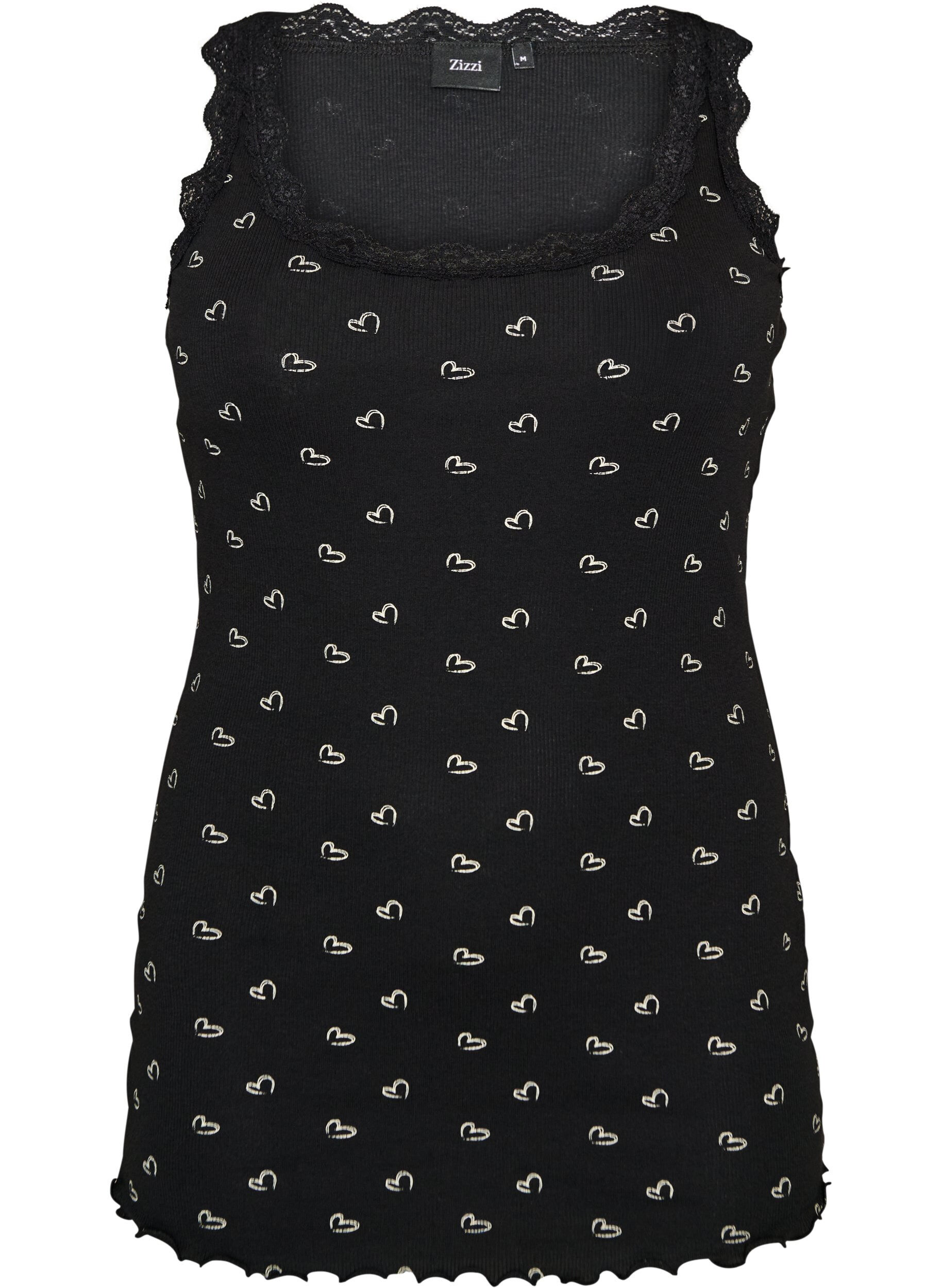 ZizziTop avec imprim&eacute; et bord en dentelle, Noir, Packshot image number 0