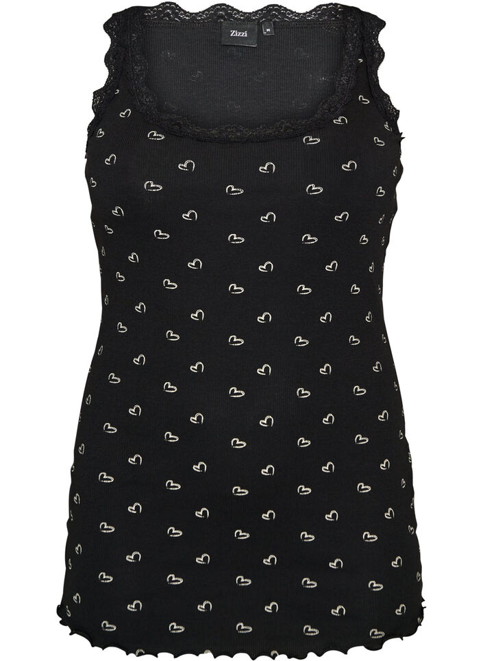 Top avec imprim&eacute; et bord en dentelle, Noir, Packshot image number 0