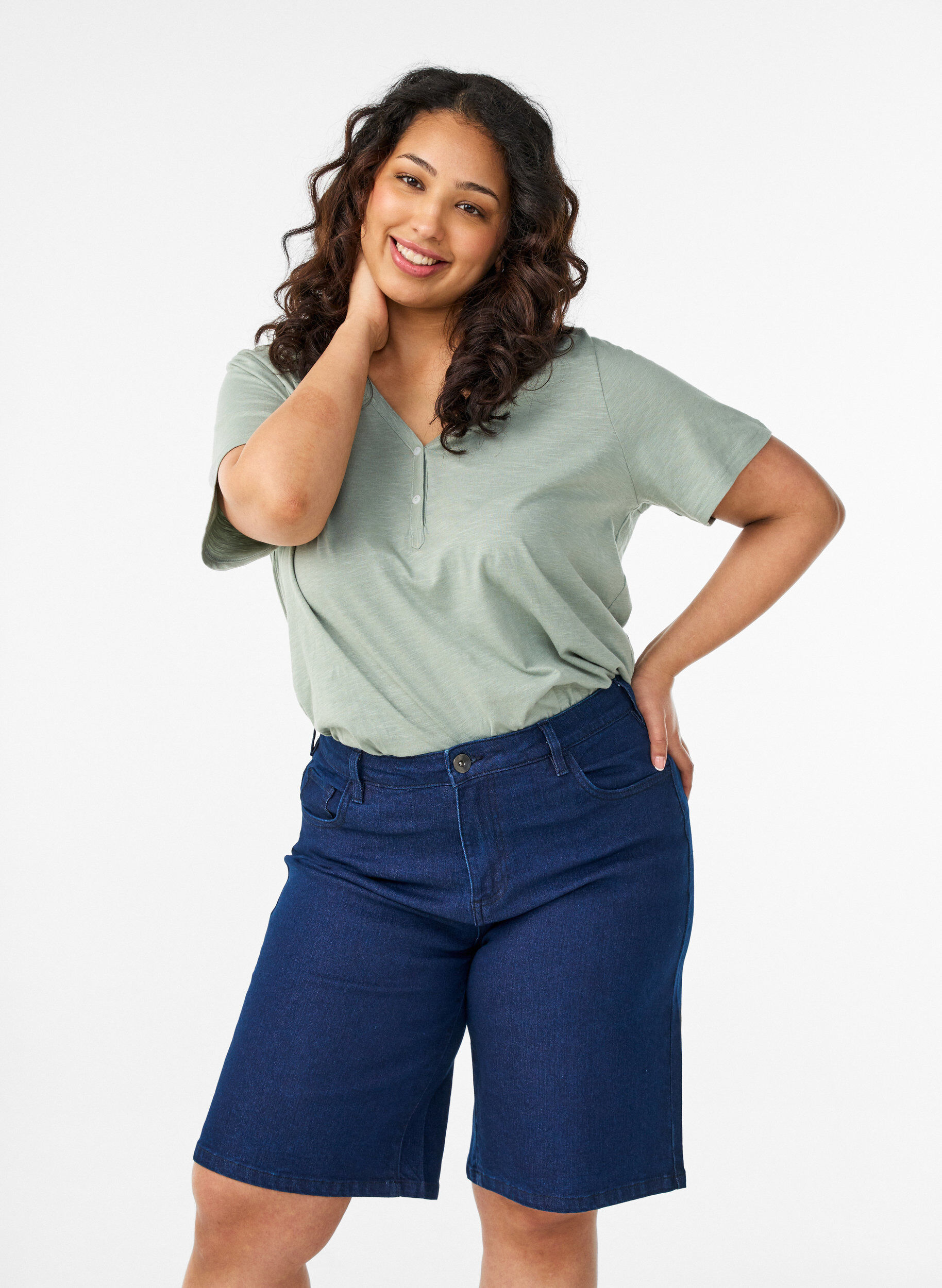 ZizziLosse denim shorts met hoge taille, Blauw, Model image number 0