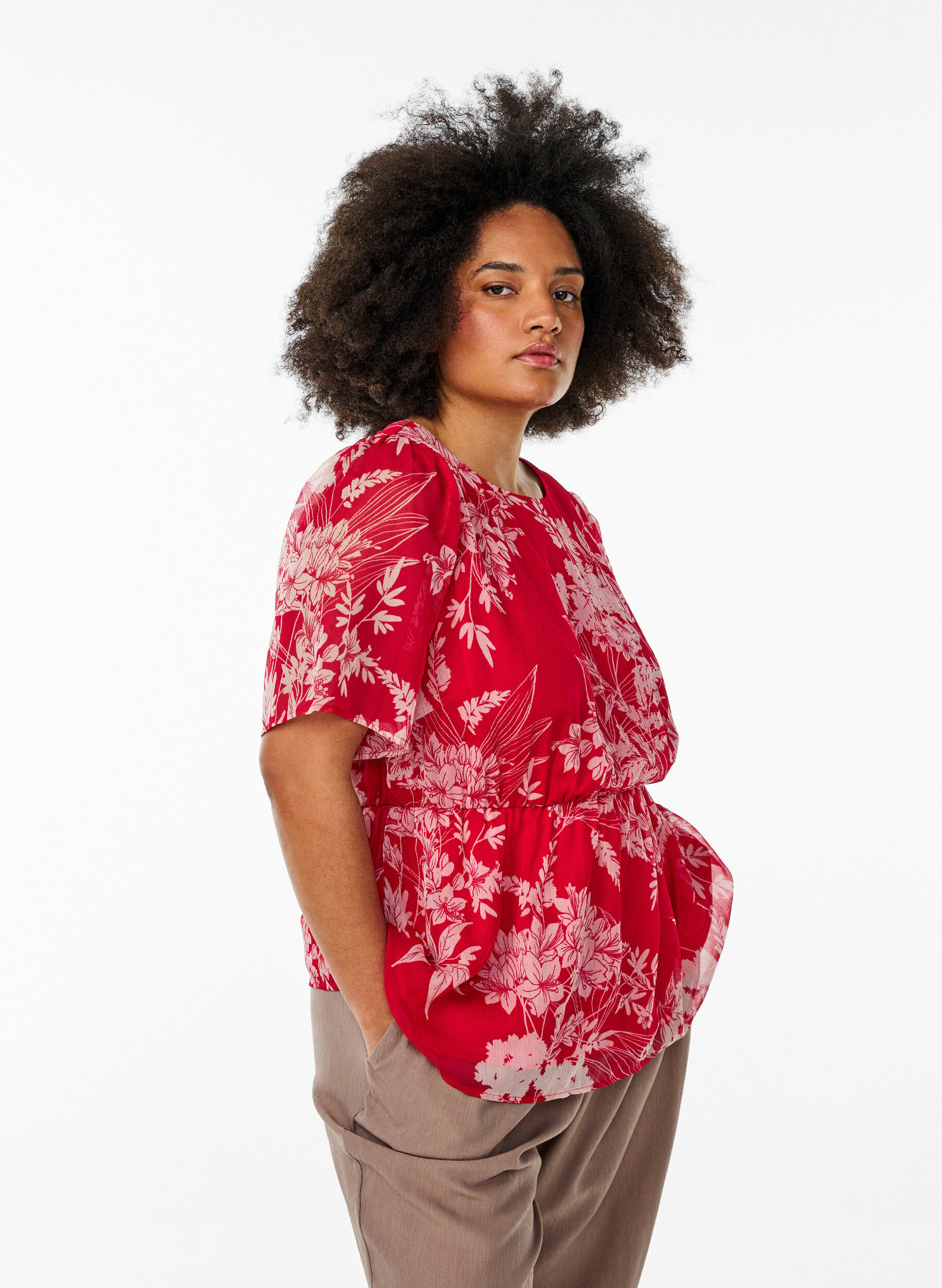 ZizziChiffon blouse met bloemenprint en elastische taille, Rood, Model image number 0