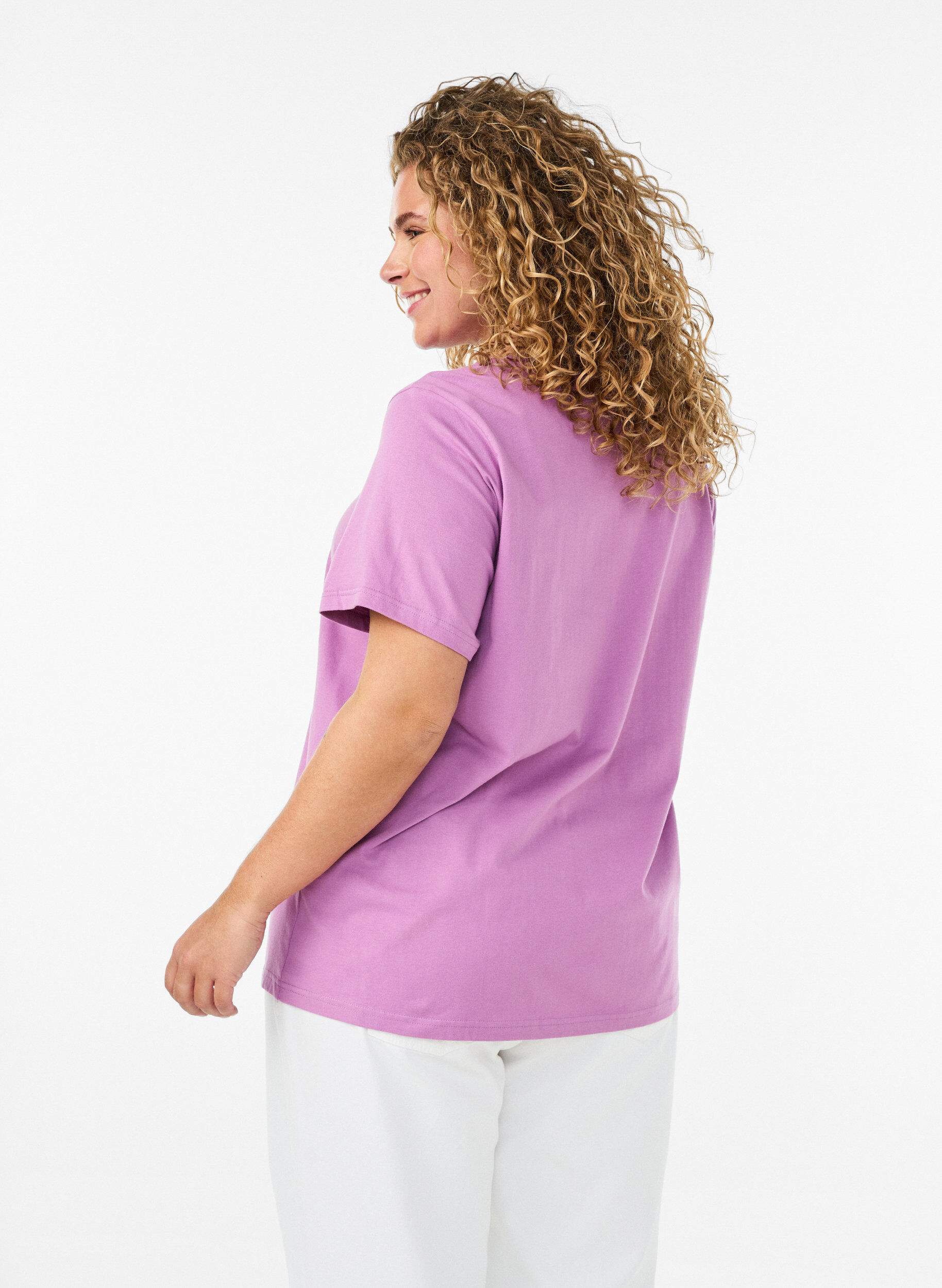 ZizziT-shirt en coton biologique avec broderie ajour&eacute;e, Violet, Model image number 2