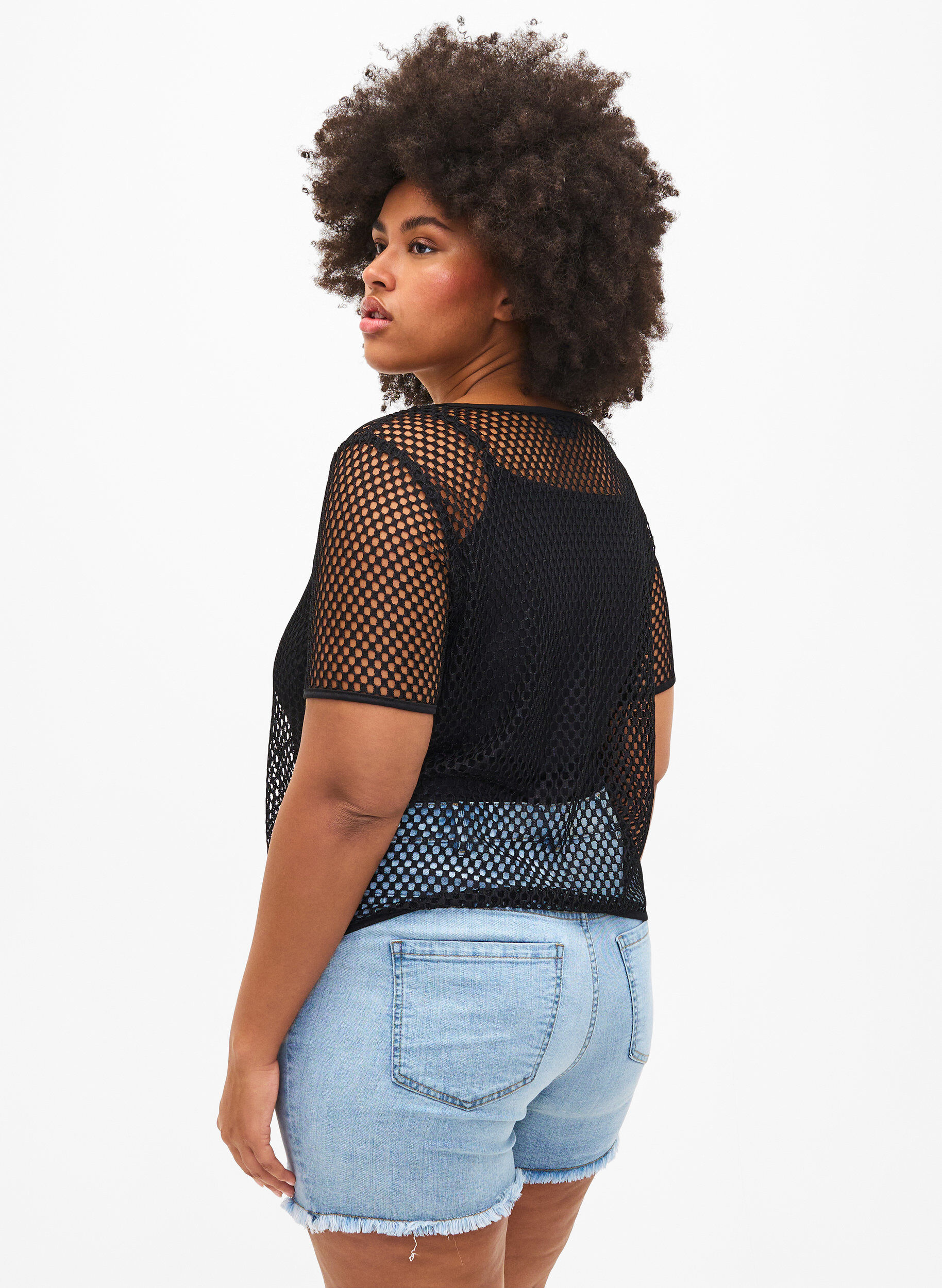 ZizziMesh blouse met korte mouwen, Black, Model image number 1