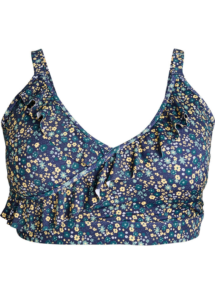 Haut de bikini &agrave; fleurs et &agrave; d&eacute;tails de jabot, Bleu p&eacute;trole, Packshot image number 0