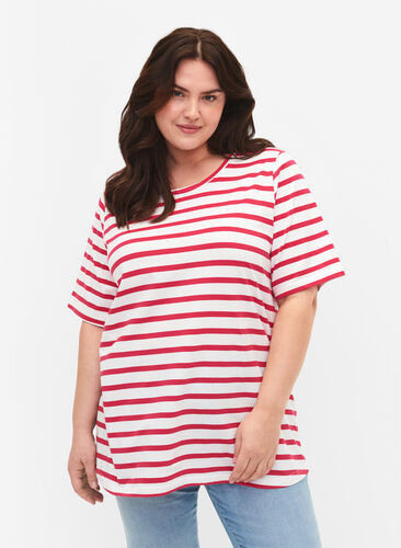 T-shirt rayé en coton biologique, Bright Rose Stripes, Model image number 0