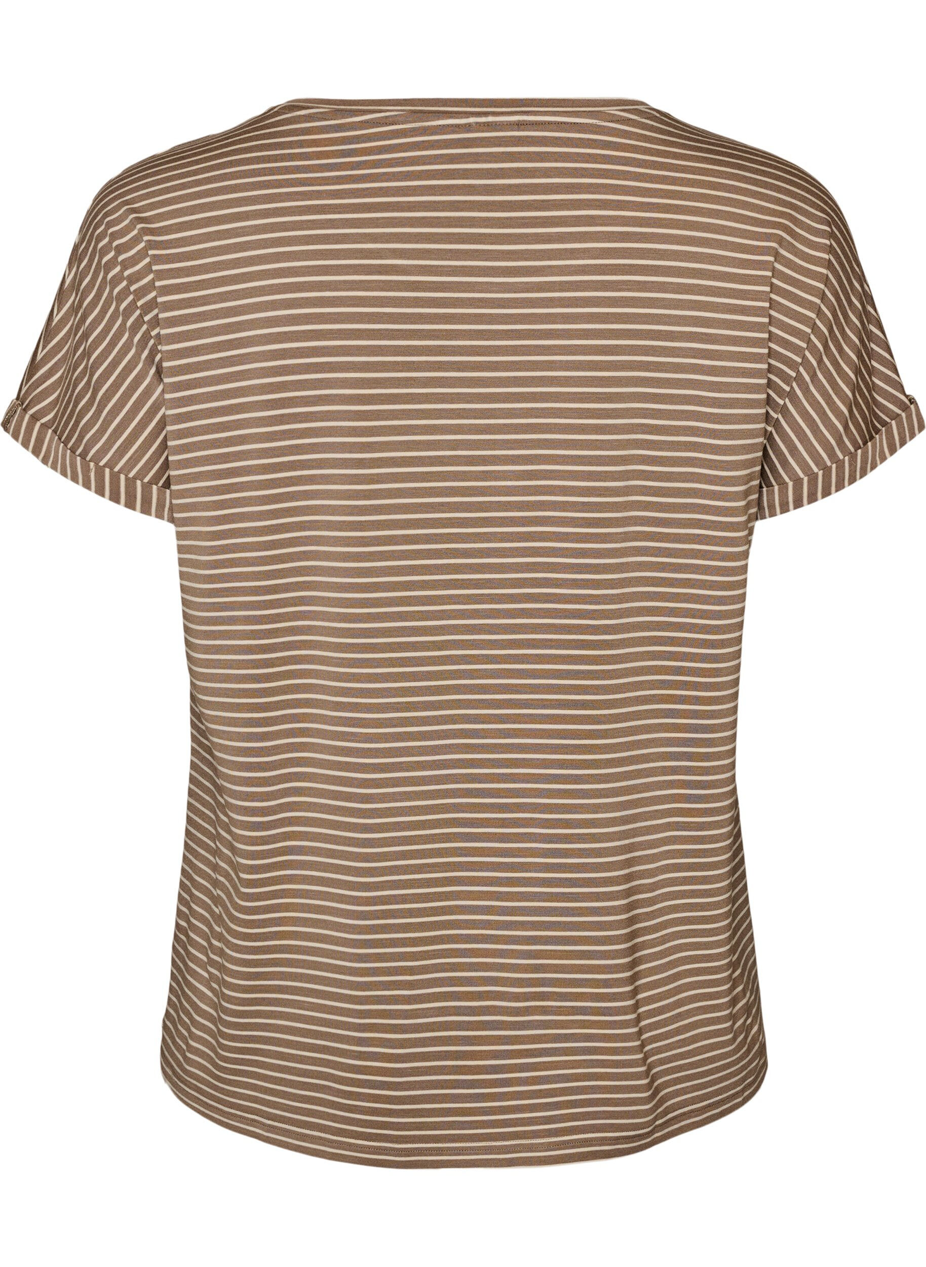 ZizziGestreept T-shirt in viscose met een ronde hals, Beige, Packshot image number 1