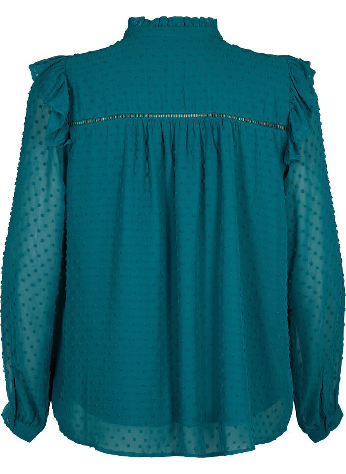 T-shirtblouse met ruches en een gestippelde textuur, Shaded Spruce, Packshot image number 1